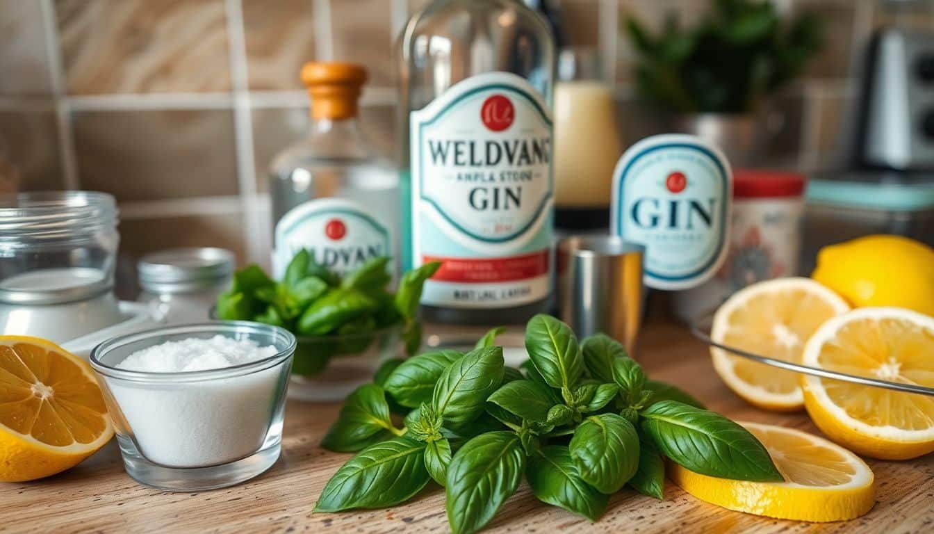 Een rommelig aanrecht met ingrediënten voor cocktails.