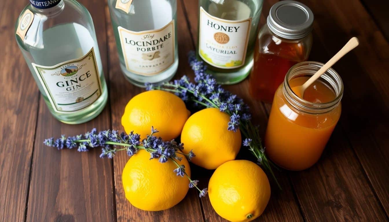 Verse ingrediënten voor een Bee's Knees cocktail op een houten tafel.
