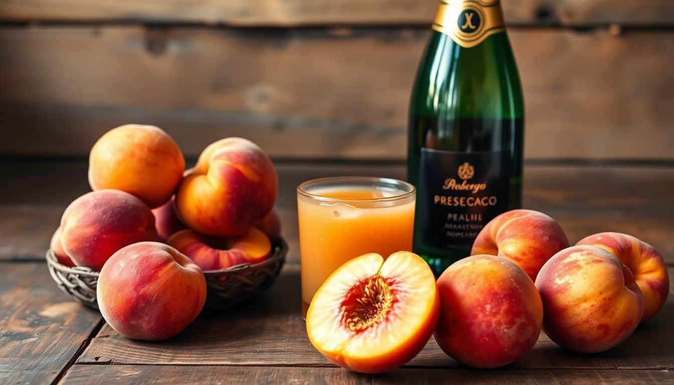Ingrediënten voor een Bellini cocktail op een houten tafel.