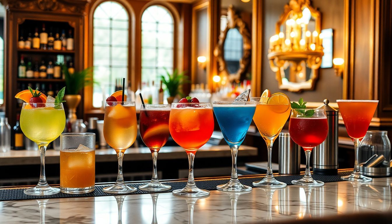 Een gezellige cocktailbar in Amsterdam met kleurrijke cocktails op de bar.