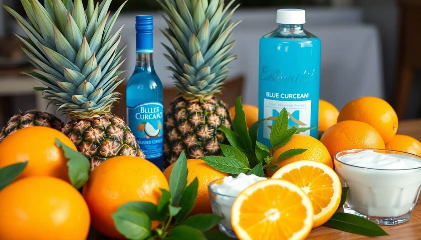 Verse ingrediënten voor Blue Hawaii cocktail op tafel.