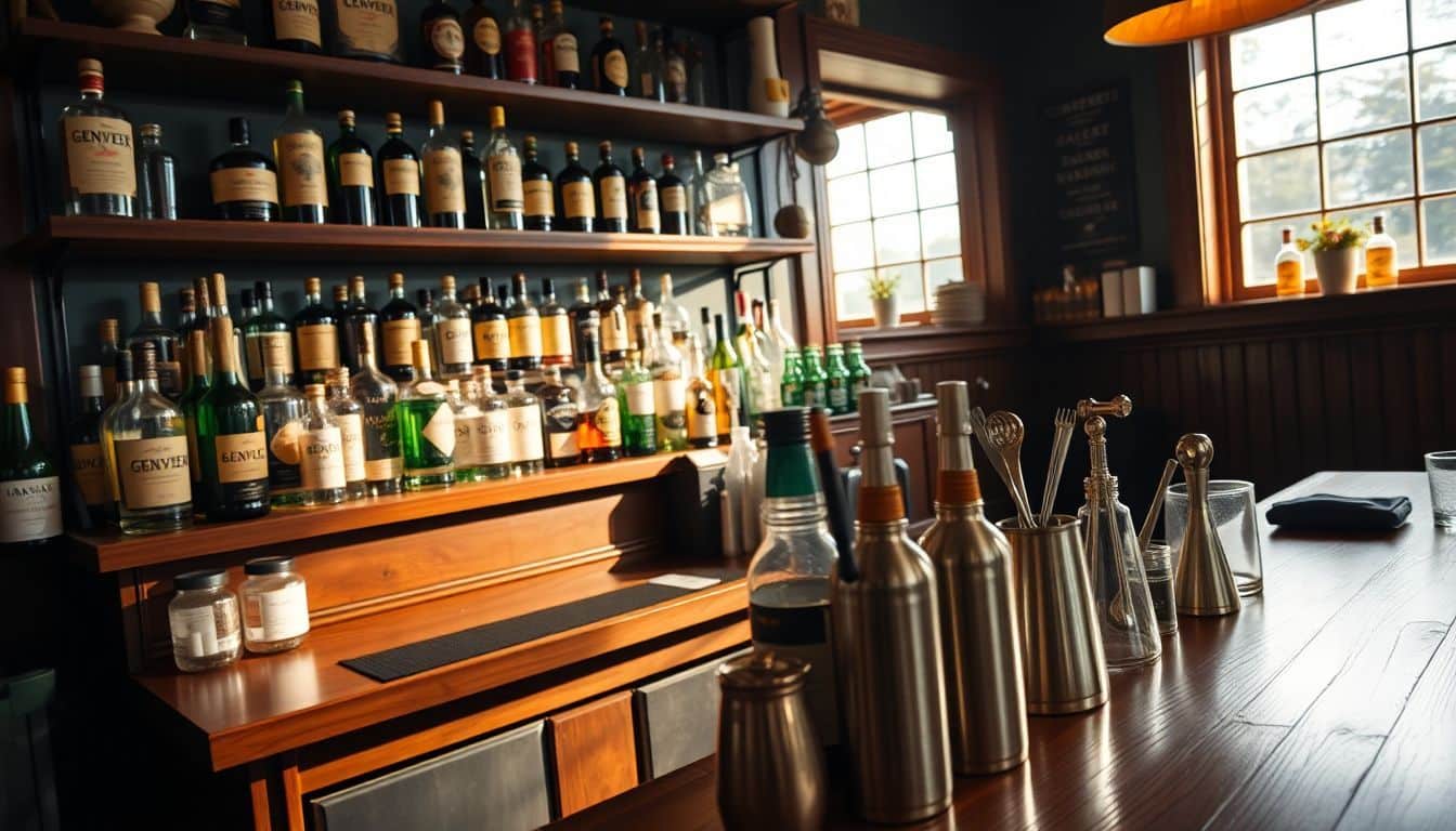 Een gezellige bar met vintage gin-flessen en barman's tools.