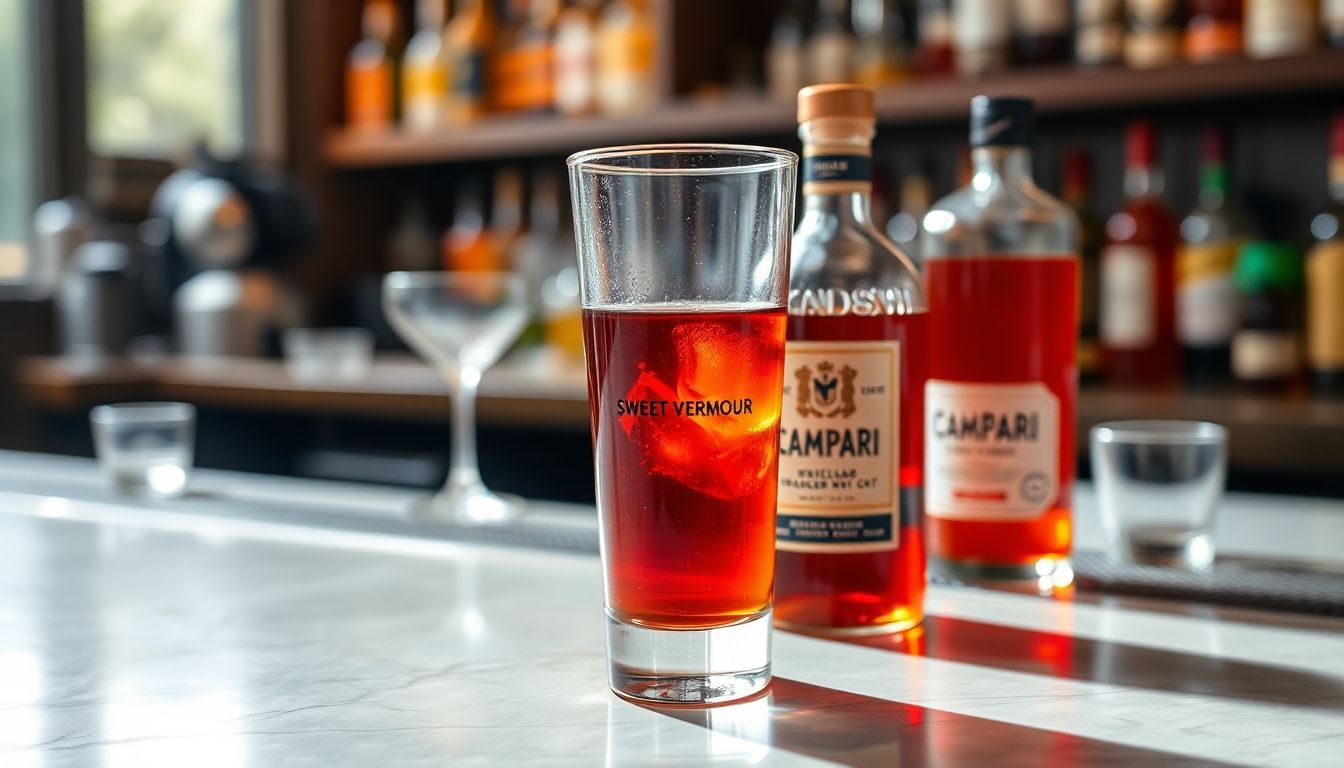 Een stijlvolle bar set-up met ingrediënten voor een Boulevardier-cocktail.