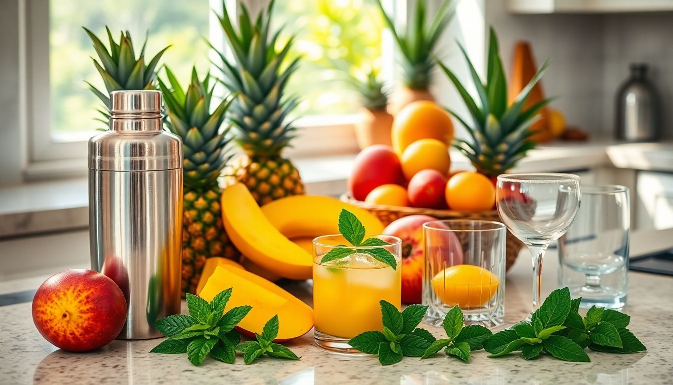 Een tropische keuken setting met exotisch fruit en cocktail benodigdheden.
