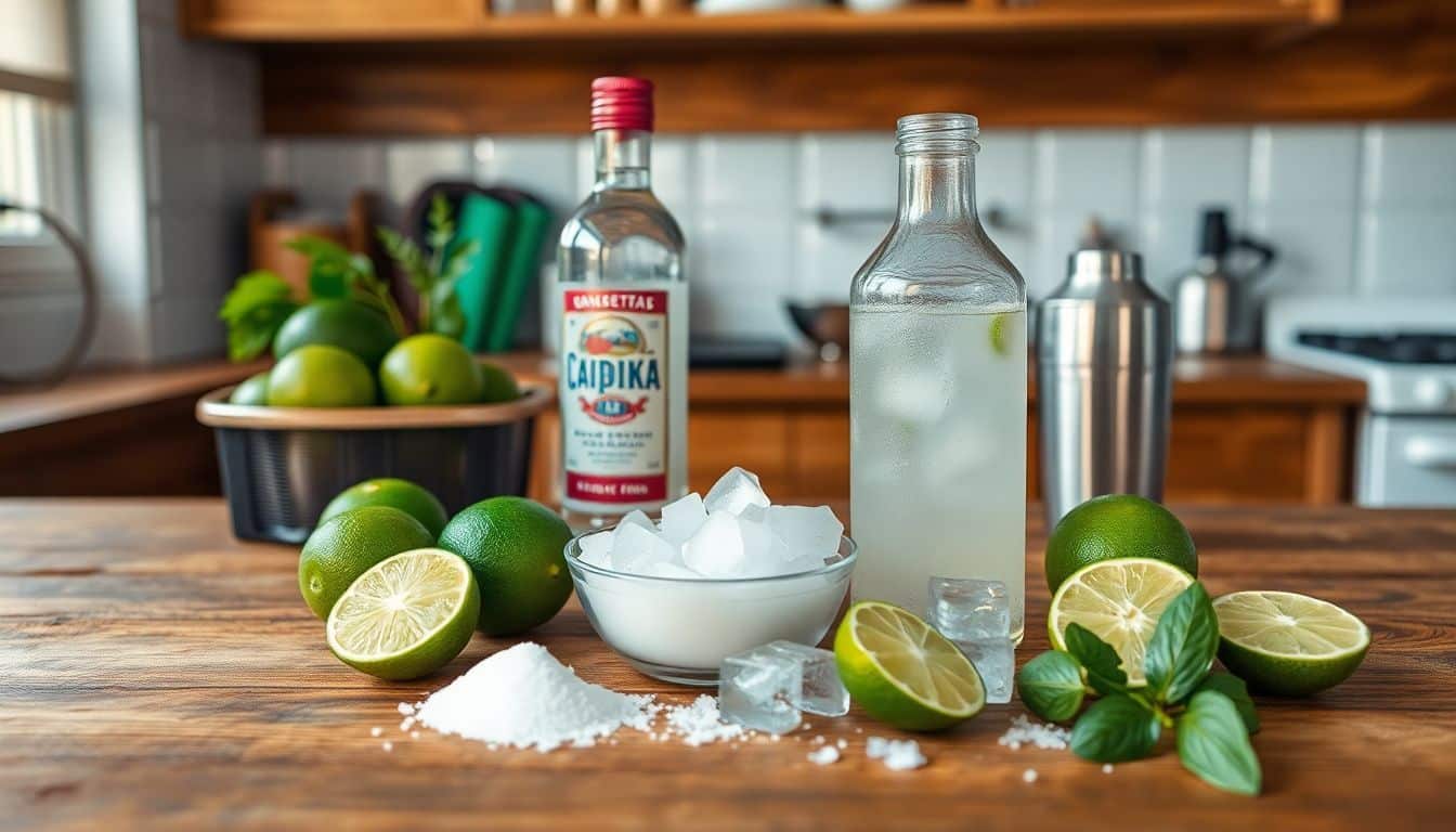 Ingrediënten voor het maken van een Caipiroska op een houten aanrecht.