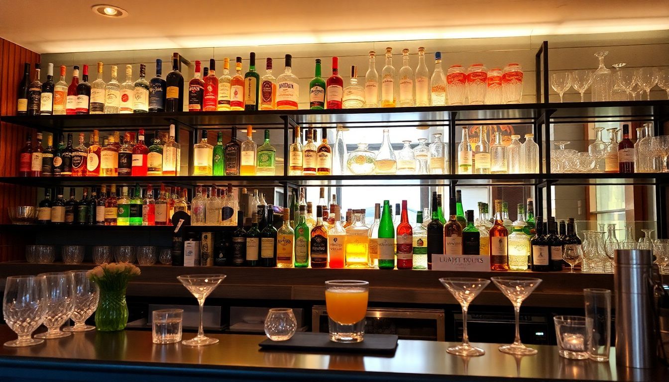 Een gezellige cocktailbar in Rotterdam met kleurrijke flessen en glaswerk.