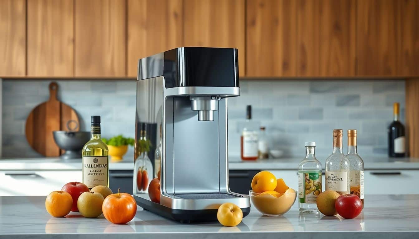 Een moderne cocktailmachine staat op een aanrecht in een eigentijdse keuken.