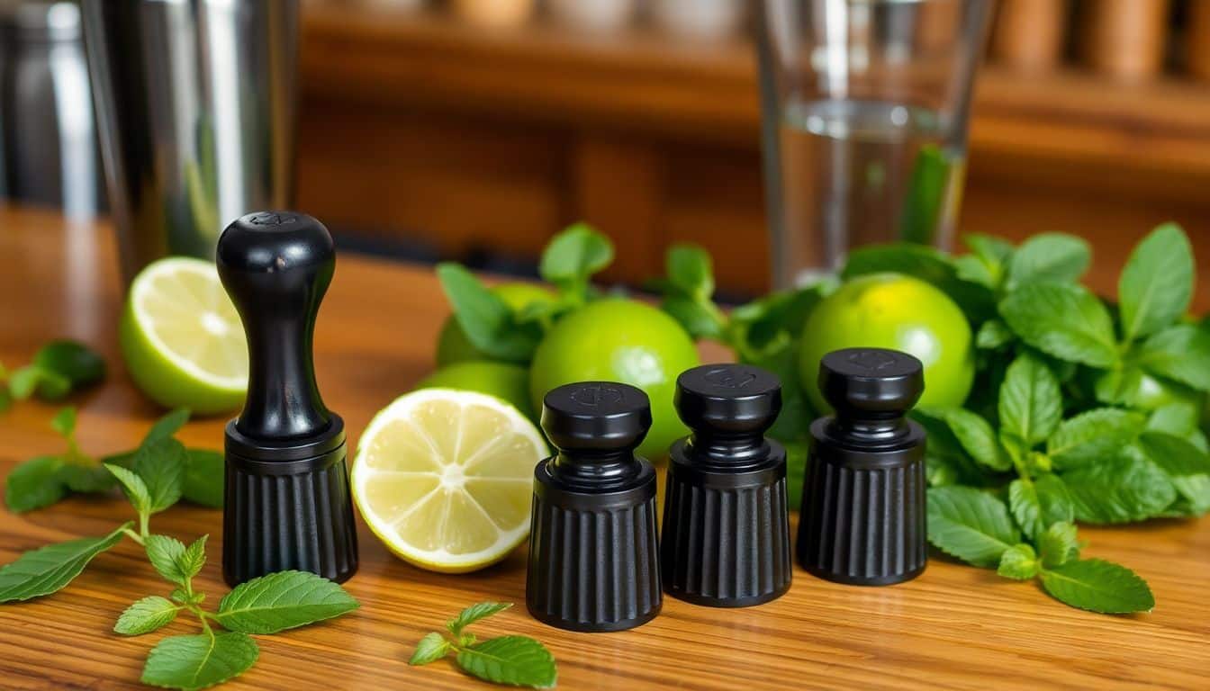 Een set van acht zwarte cocktail stampers, muntblaadjes, limoenen en een cocktailshaker op een houten bar.