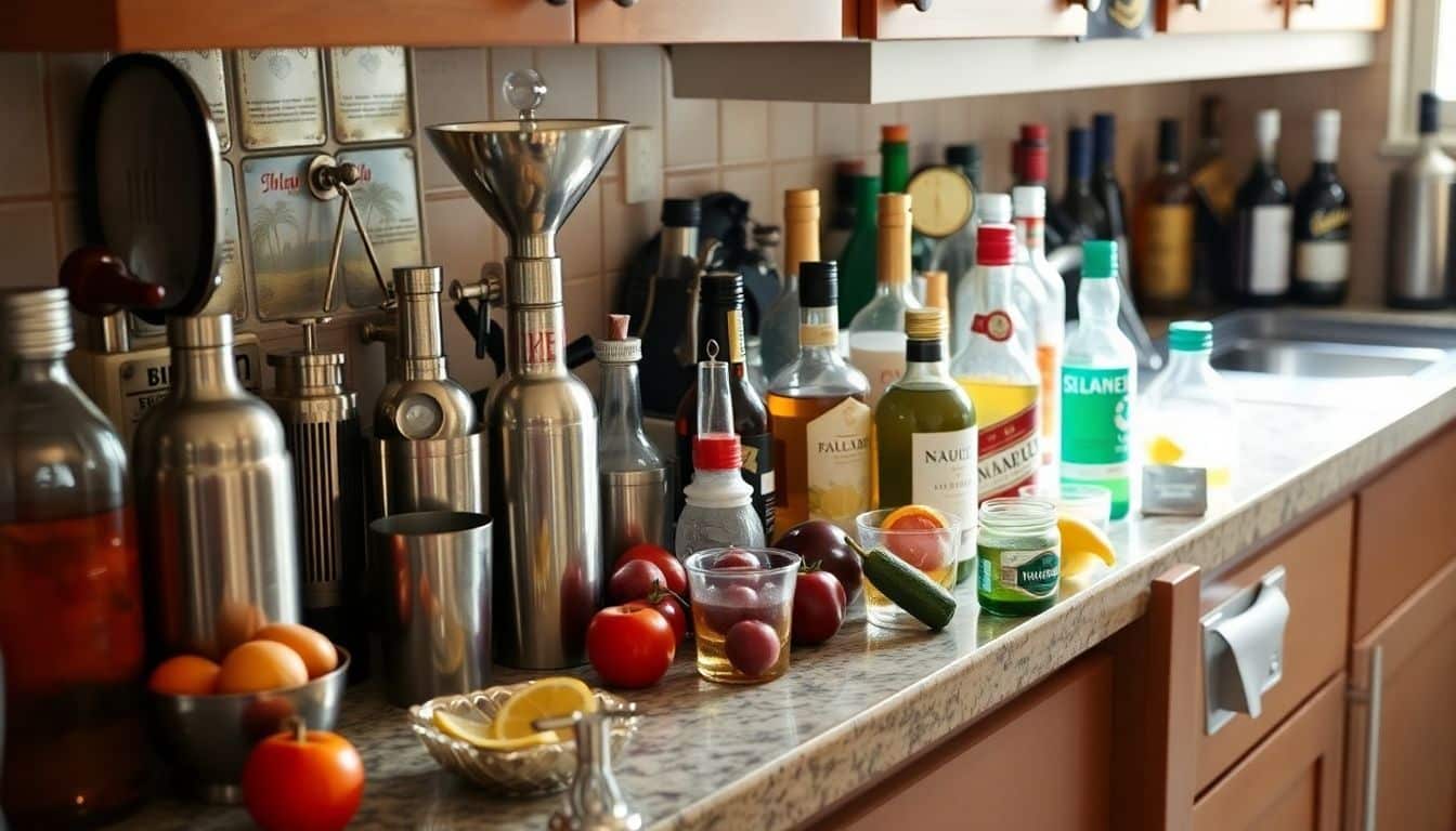Een rommelig aanrecht vol met cocktail ingrediënten en tools.