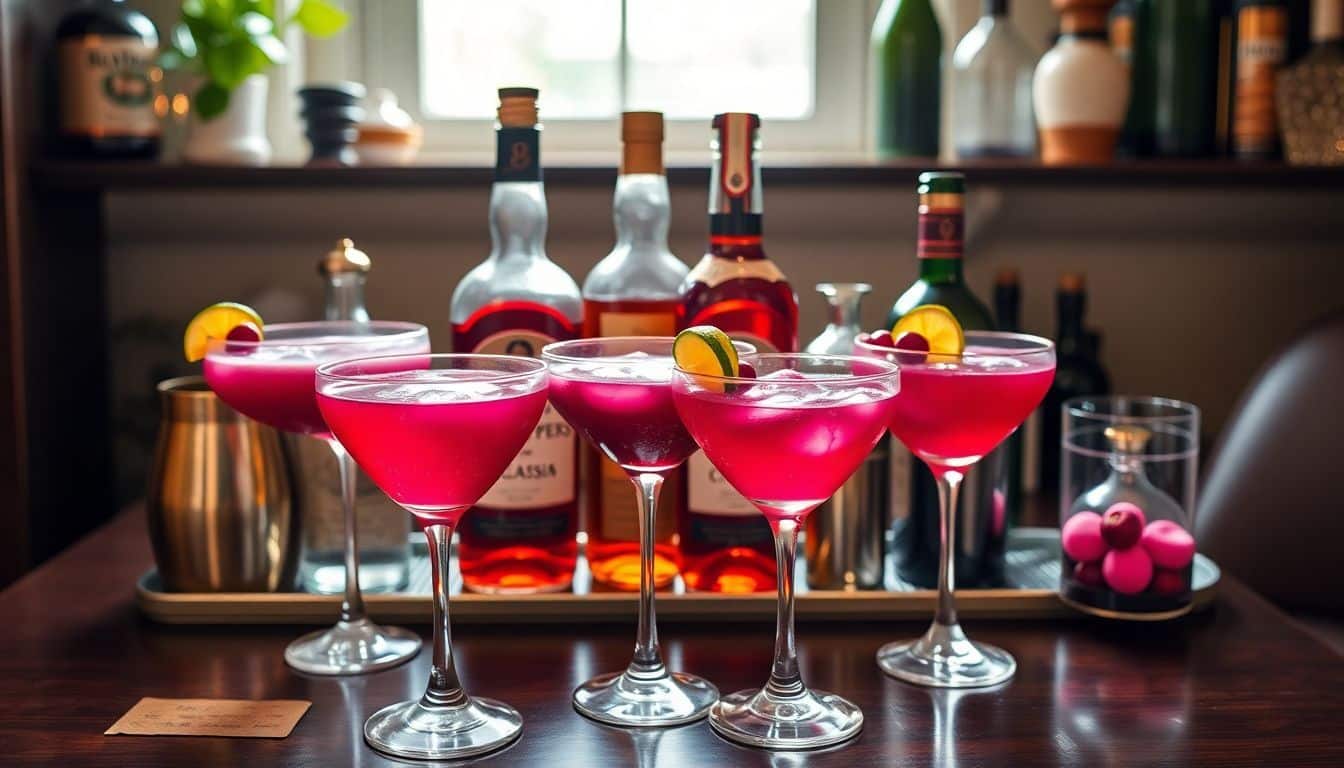 Een stijlvolle thuisbar met Crème de Cassis cocktails en decoratie.