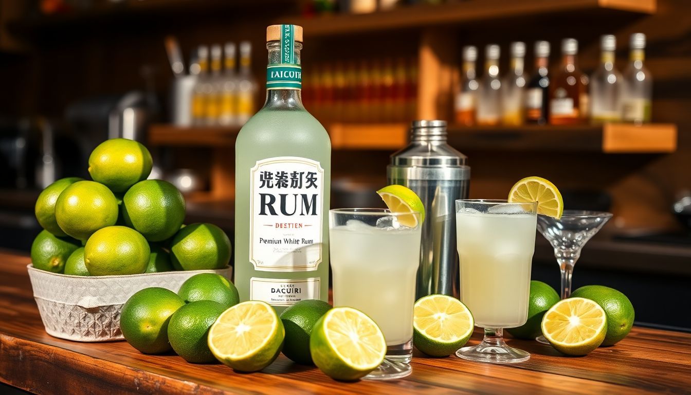 Een verzameling verse limoenen, premium witte rum en cocktailbenodigdheden op een houten bar.