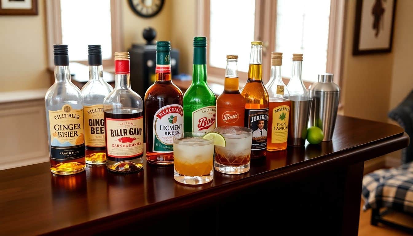 Een huiselijke bar setup voor het maken van een Dark & Stormy cocktail.