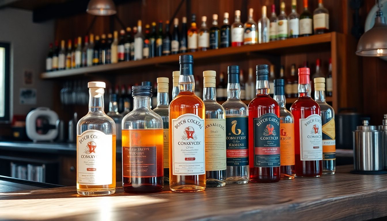Een houten bar gevuld met een verscheidenheid aan Dutch Cocktail Club drinkmixen.
