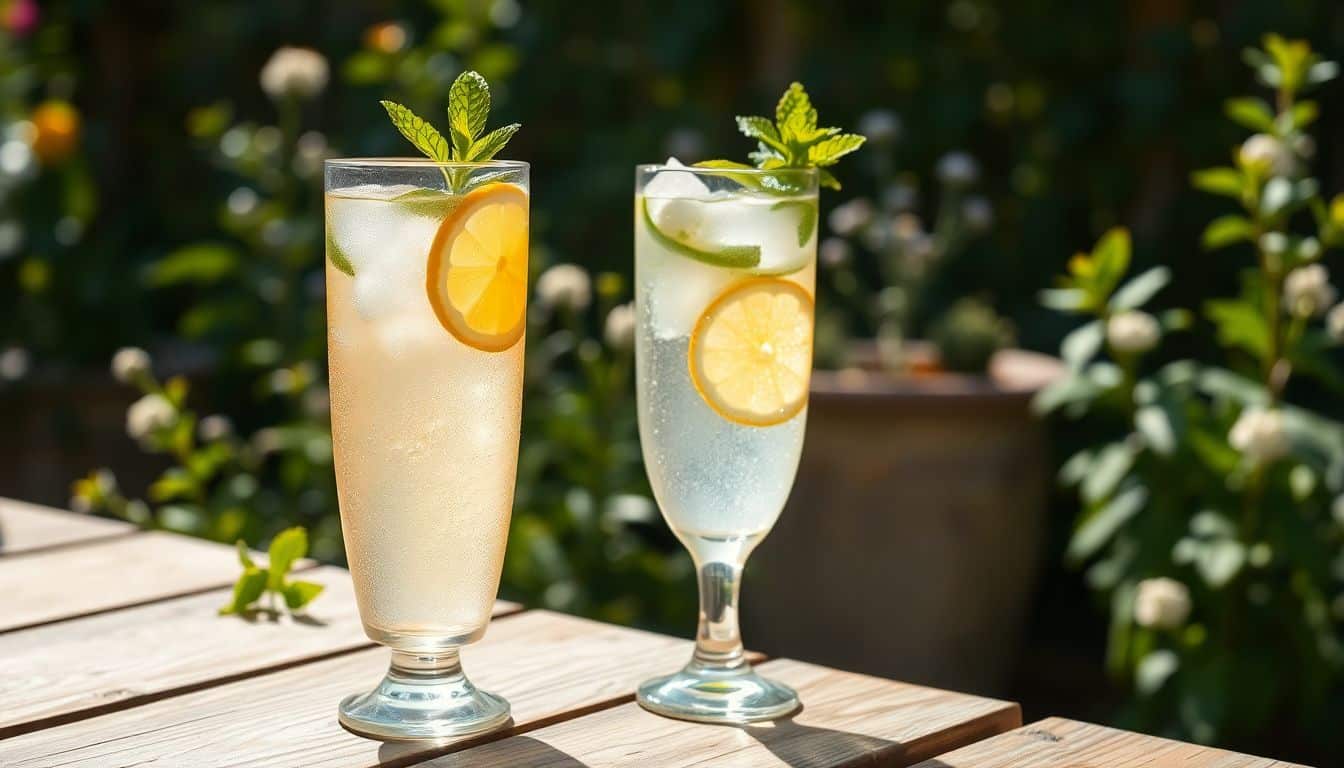 Een glas sprankelende Elderflower Spritz met munt en citroen op tafel.