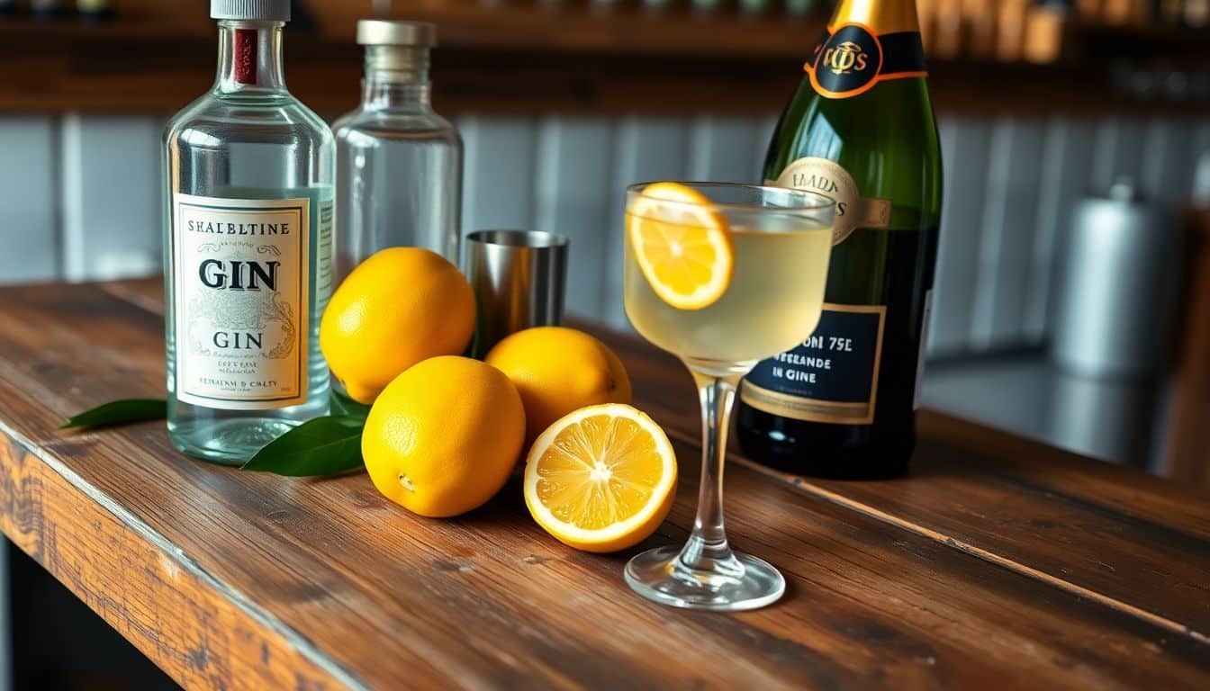 Ingrediënten voor het maken van een French 75 cocktail op een bar.