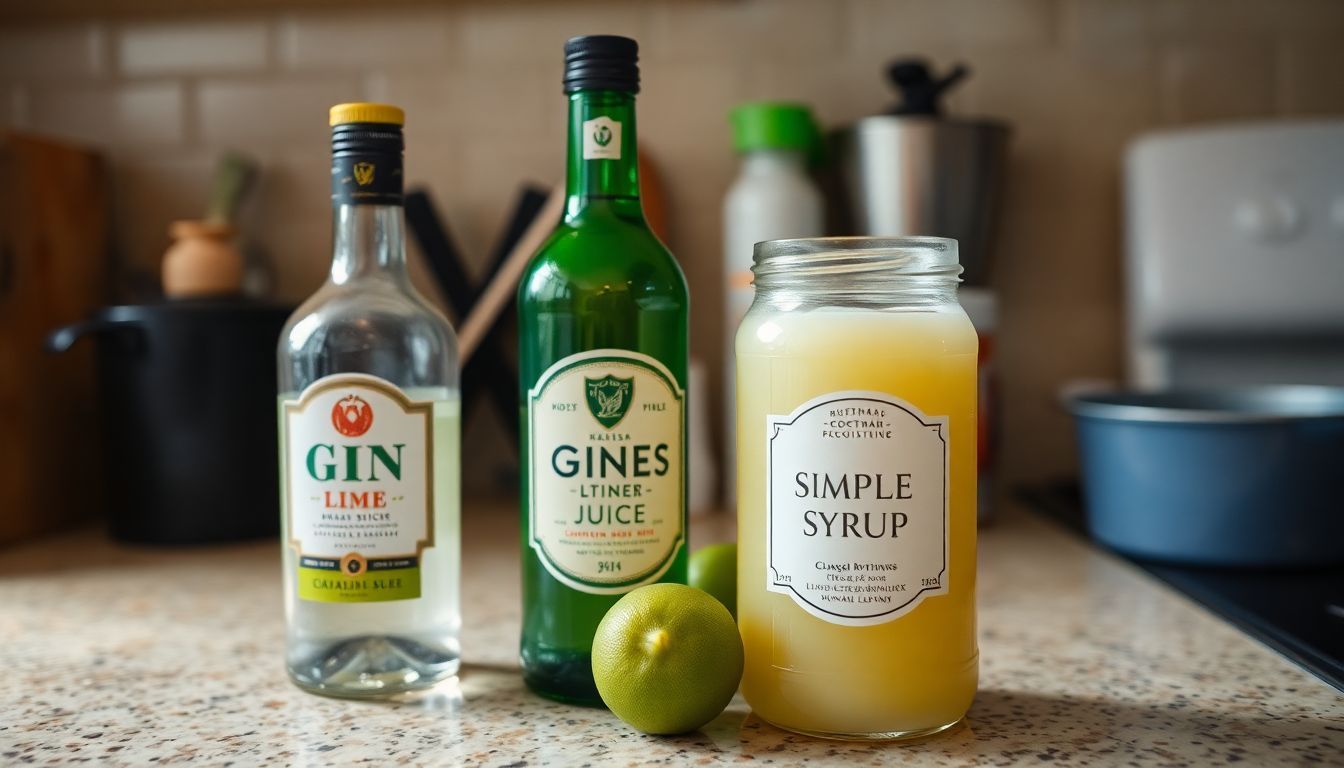 Een rommelig aanrecht met ingrediënten voor een Gimlet cocktail.