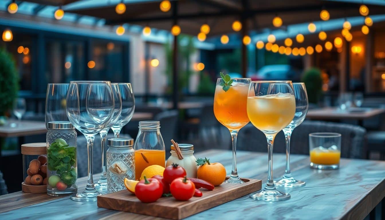 Een luxueus ingericht buitenterras met ambachtelijke cocktails en ingrediënten.