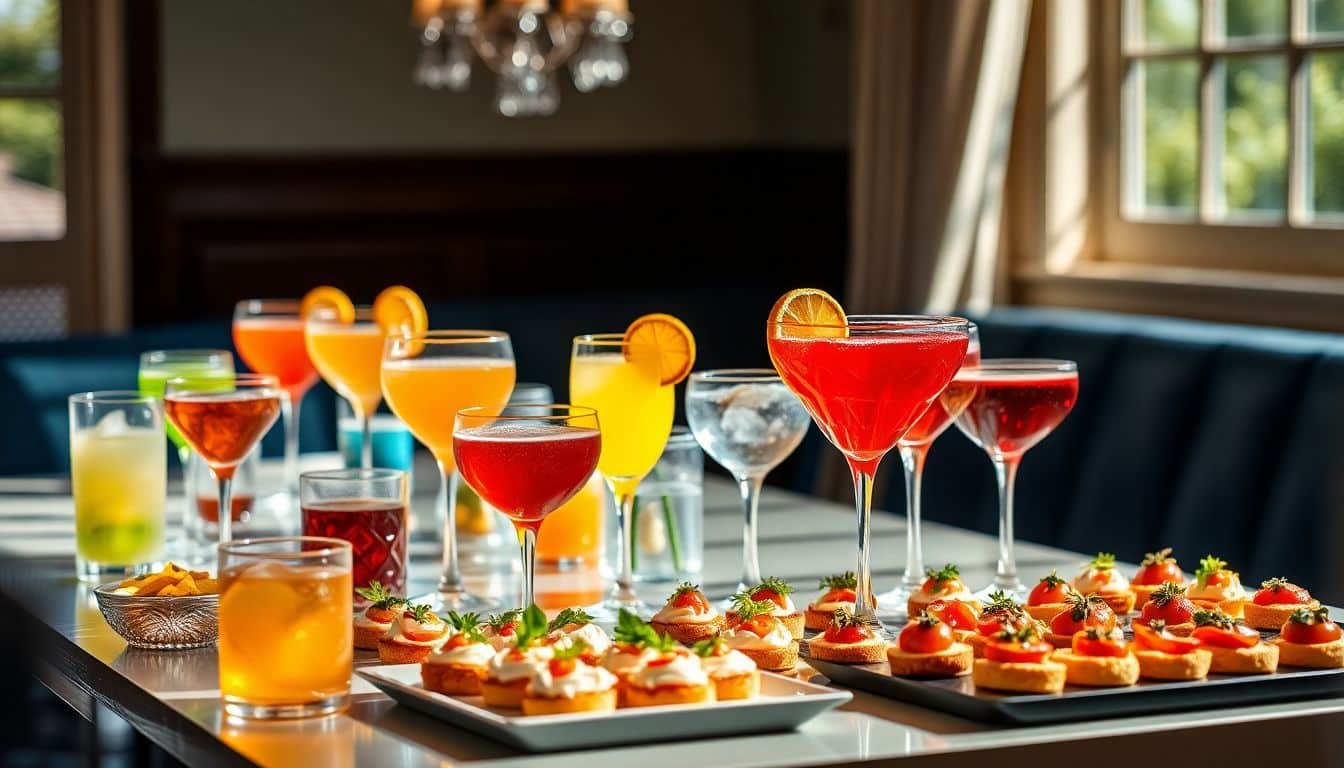 Een goed ingerichte tafel met kleurrijke cocktails en stijlvolle hapjes.