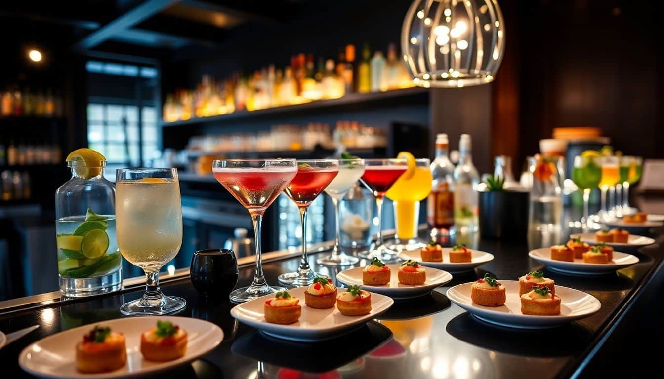 Een assortiment prachtige cocktails en elegante hapjes op een bar.