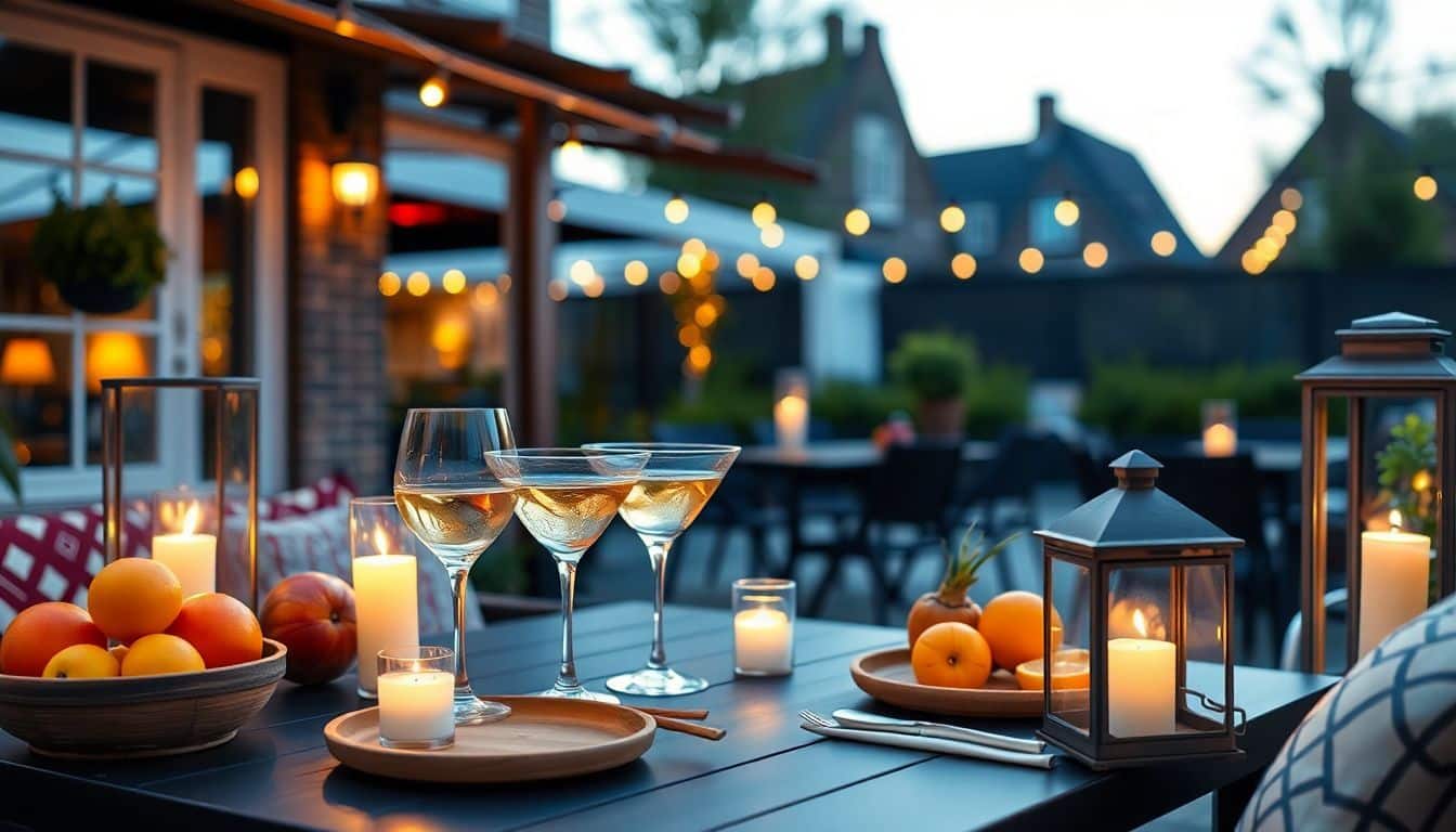 Een uitnodigend buitenterras met tafeldecoratie bij schemering in Tilburg.