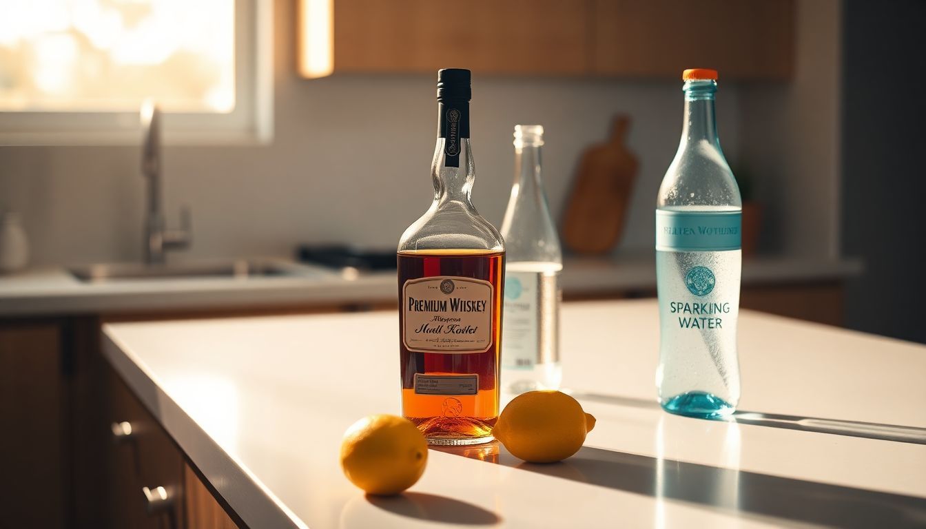 Een flesje premium whiskey, bruiswater en een verse citroen op het aanrecht.