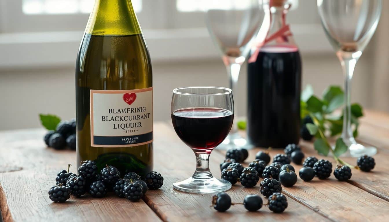 Een fles bruisende wijn, zwarte bessenlikeur, en champagne glazen. Een fles bruisende wijn, zwarte bessenlikeur, en champagne glazen.