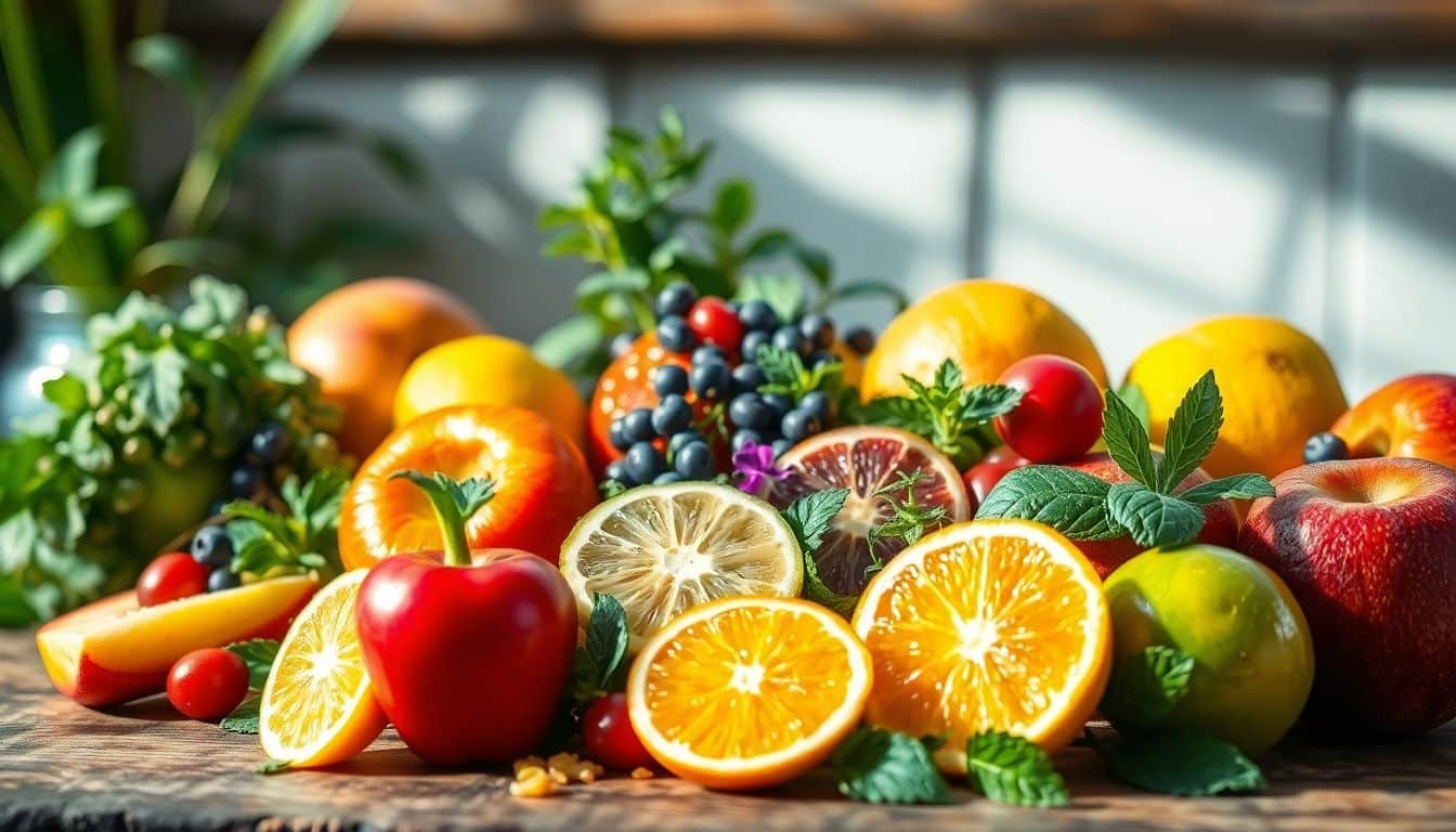Een levendige close-up van verse, kleurrijke vruchten, kruiden en botanicals op een rustieke houten tafel, nodigt uit voor het maken van kukki-cocktails.