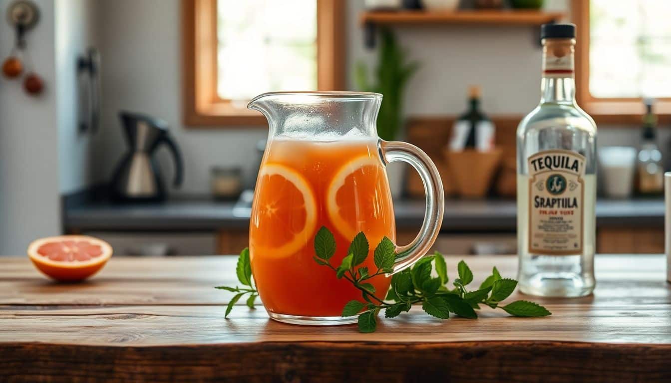 Een glazen karaf met grapefruitsap, tequila en munt op een bar.