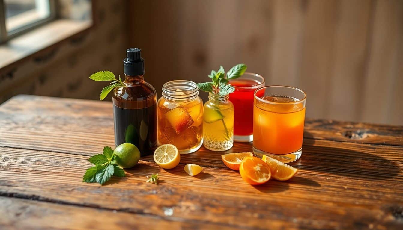 Een close-up foto van vier ingrediënten voor de Last Word cocktail.