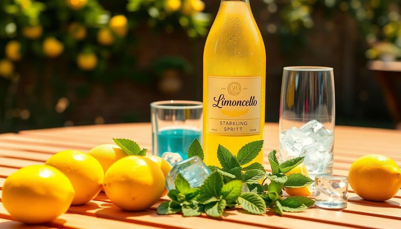 Een levendige tafelsetting met Limoncello Spritz ingrediënten in de zon. Een levendige tafelsetting met Limoncello Spritz ingrediënten in de zon.
