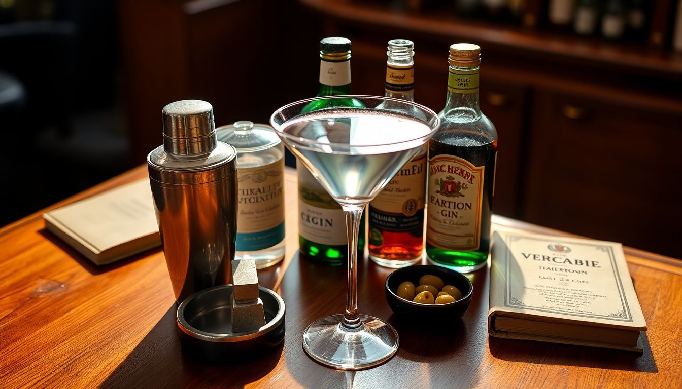 Een klassieke martini set op een houten bar met gin en vermouth. Een klassieke martini set op een houten bar met gin en vermouth.