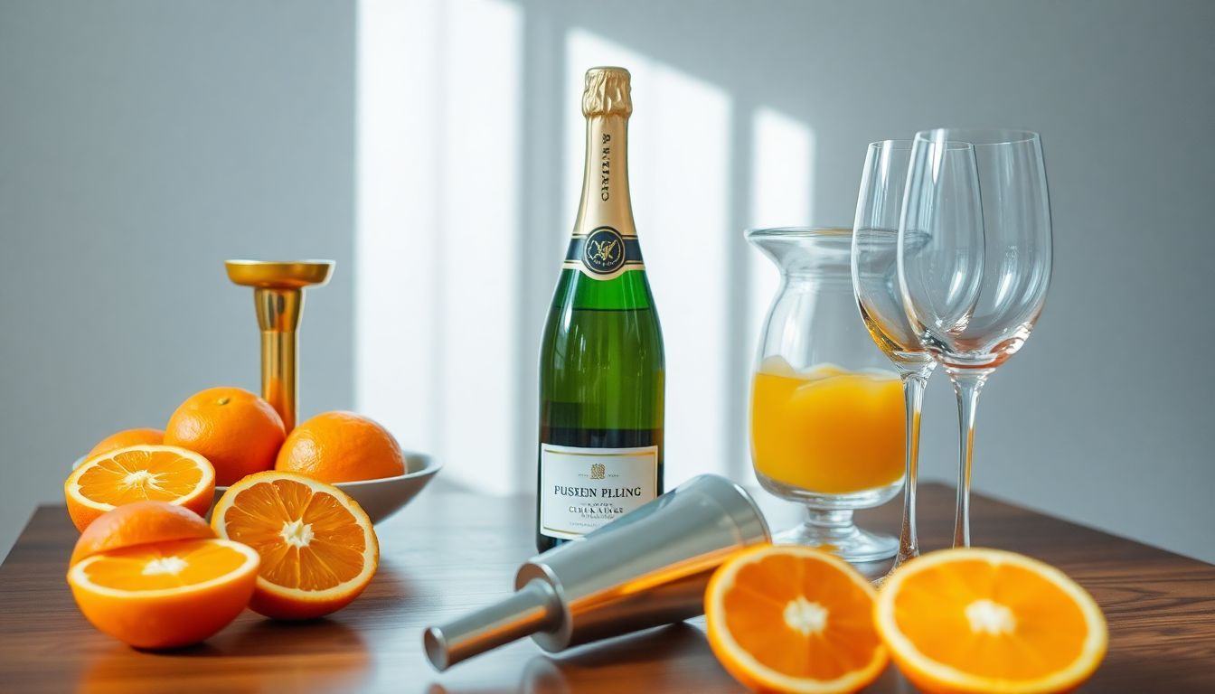 Een tafel met een fles mousserende wijn, sinaasappels en glazen. Een tafel met een fles mousserende wijn, sinaasappels en glazen.