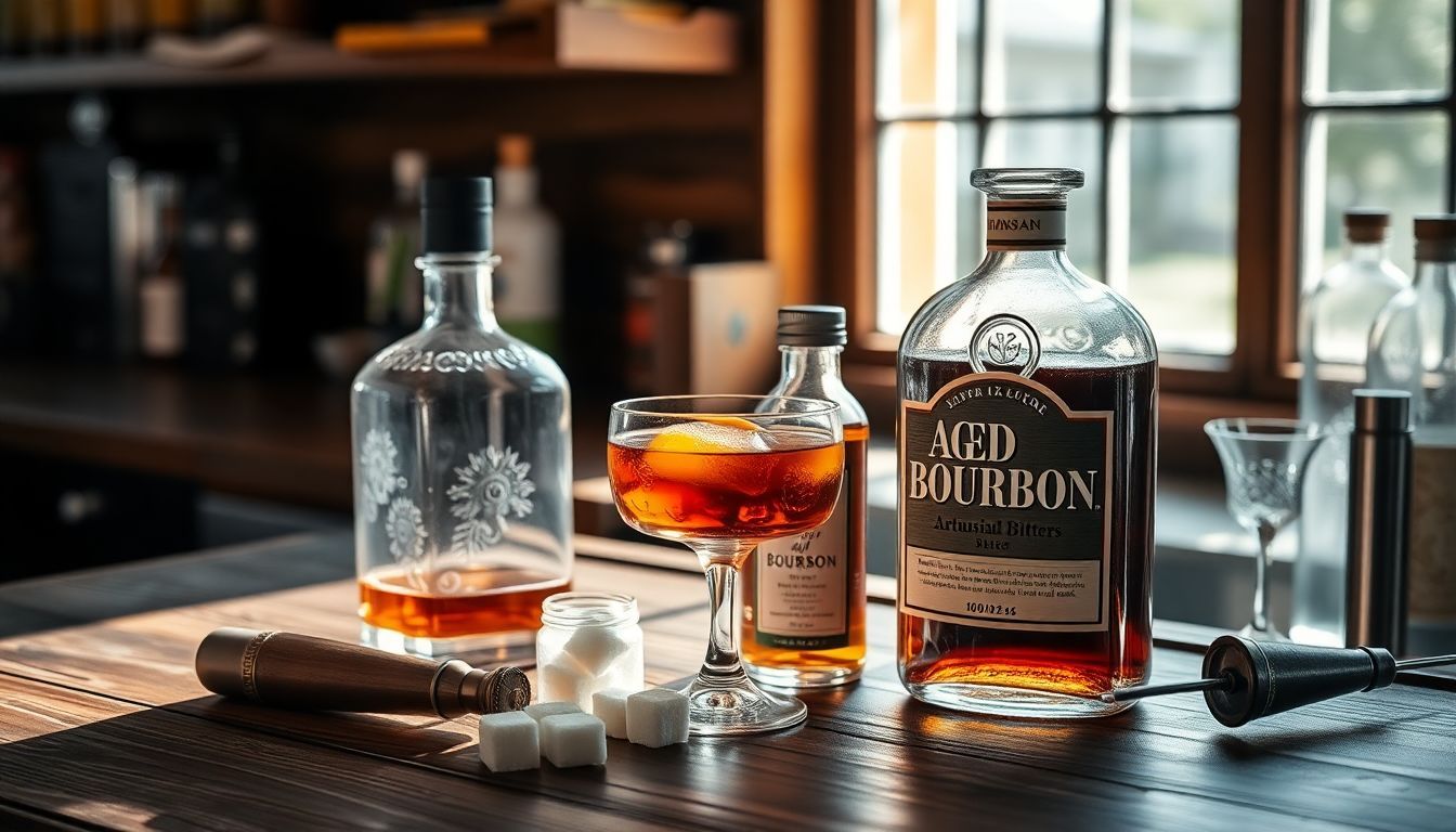 Een rustieke houten bar met bourbon, bitters, suiker en citrus. Een rustieke houten bar met bourbon, bitters, suiker en citrus.