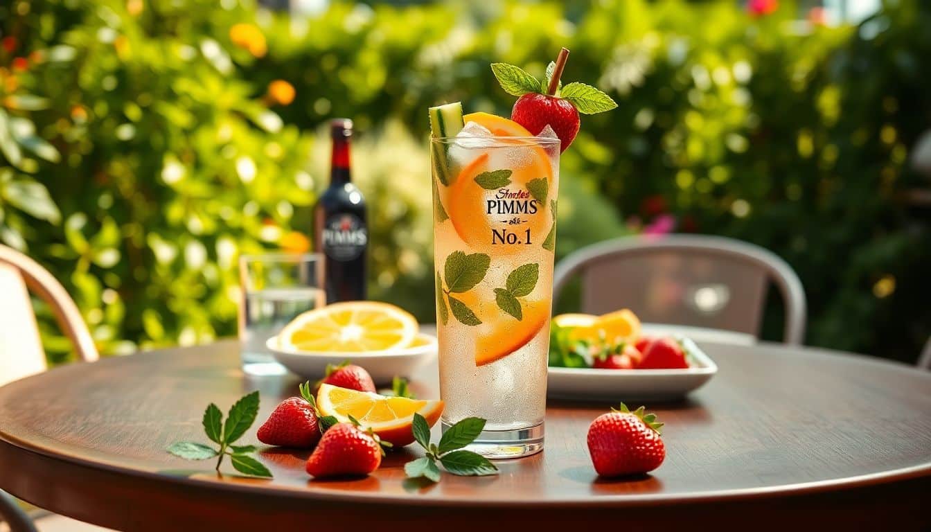 Een verfrissende Pimm's No. 1 cocktail op een tuintafel met groen.