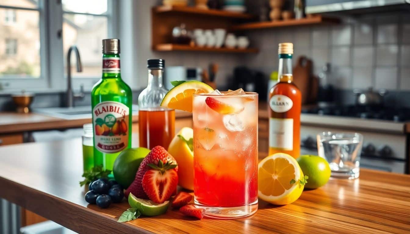 Ingrediënten en tools voor het maken van een Rainbow Love Cocktail.