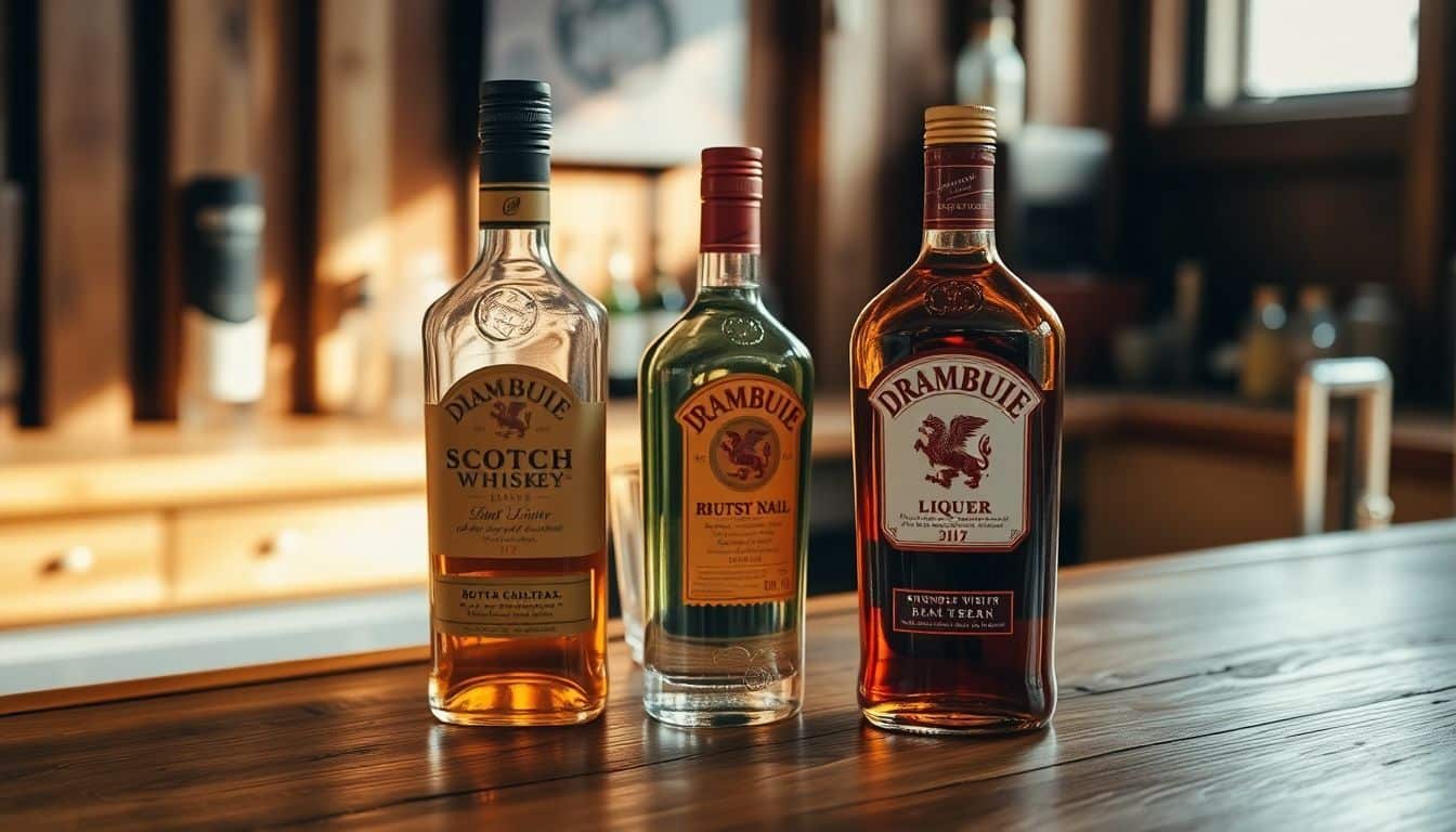 Een rustieke bar met Scotch whisky en Drambuie likeurflessen.