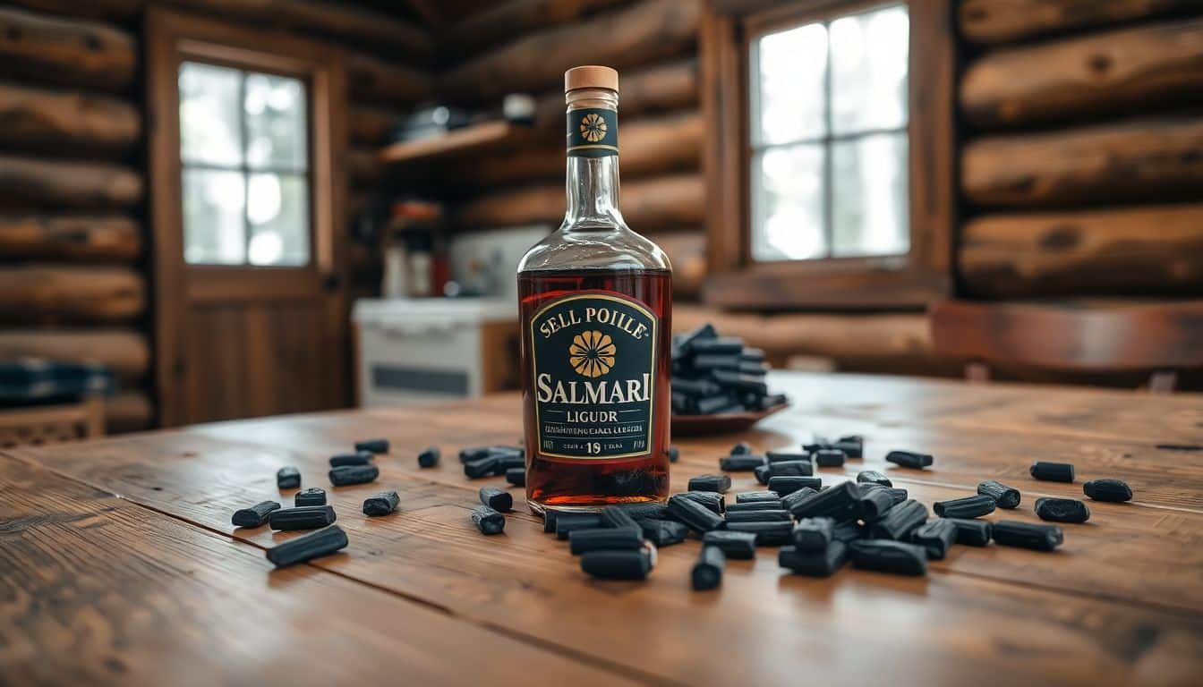 Een fles Salmari-likeur en zwarte dropjes op een houten tafel.