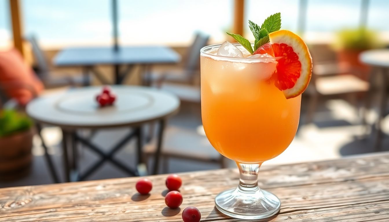Een Sea Breeze cocktail met grapefruit en munt op een houten tafel.