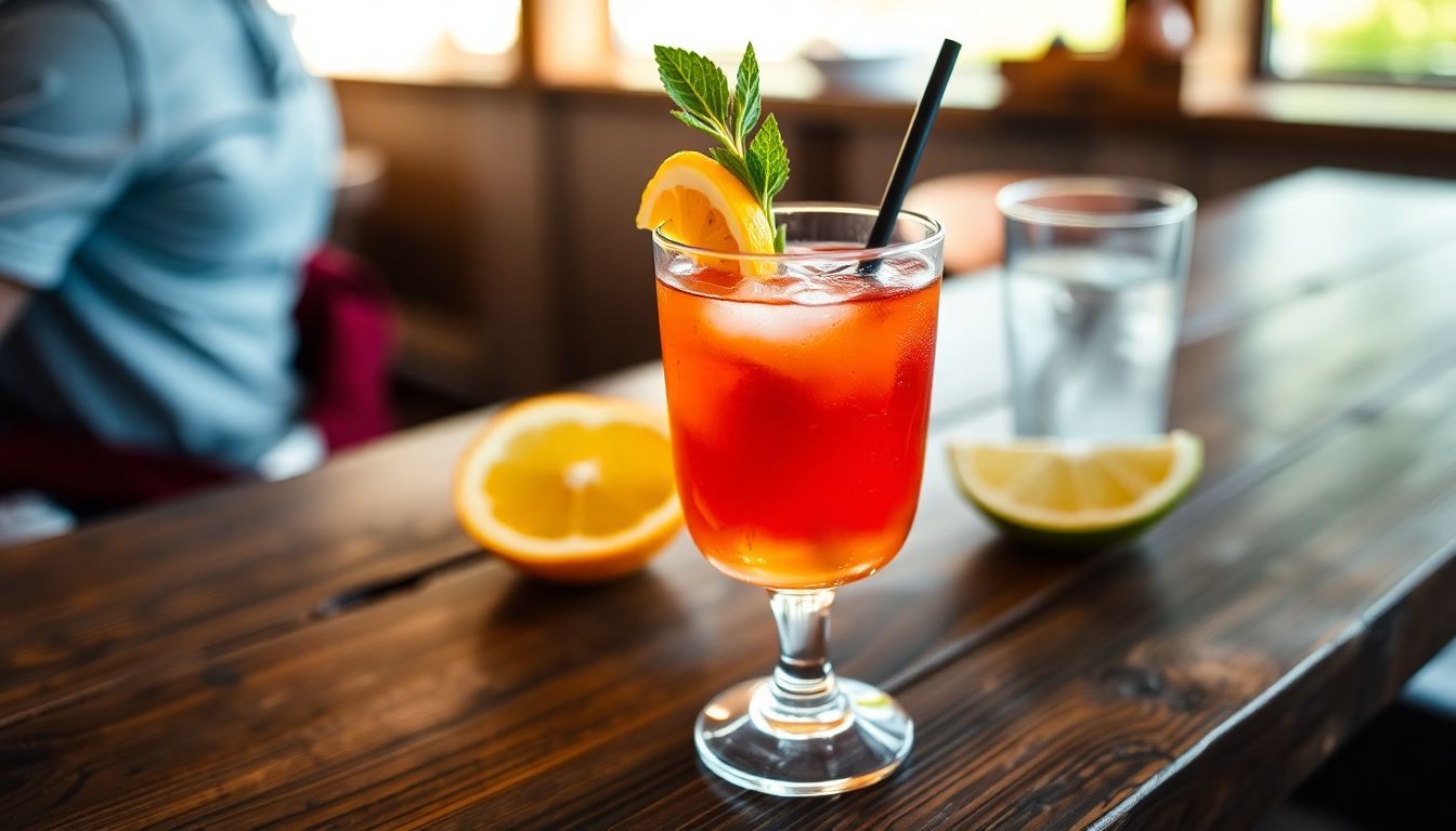 Een vers gemaakte Split Cocktail wordt geserveerd op een houten tafel.