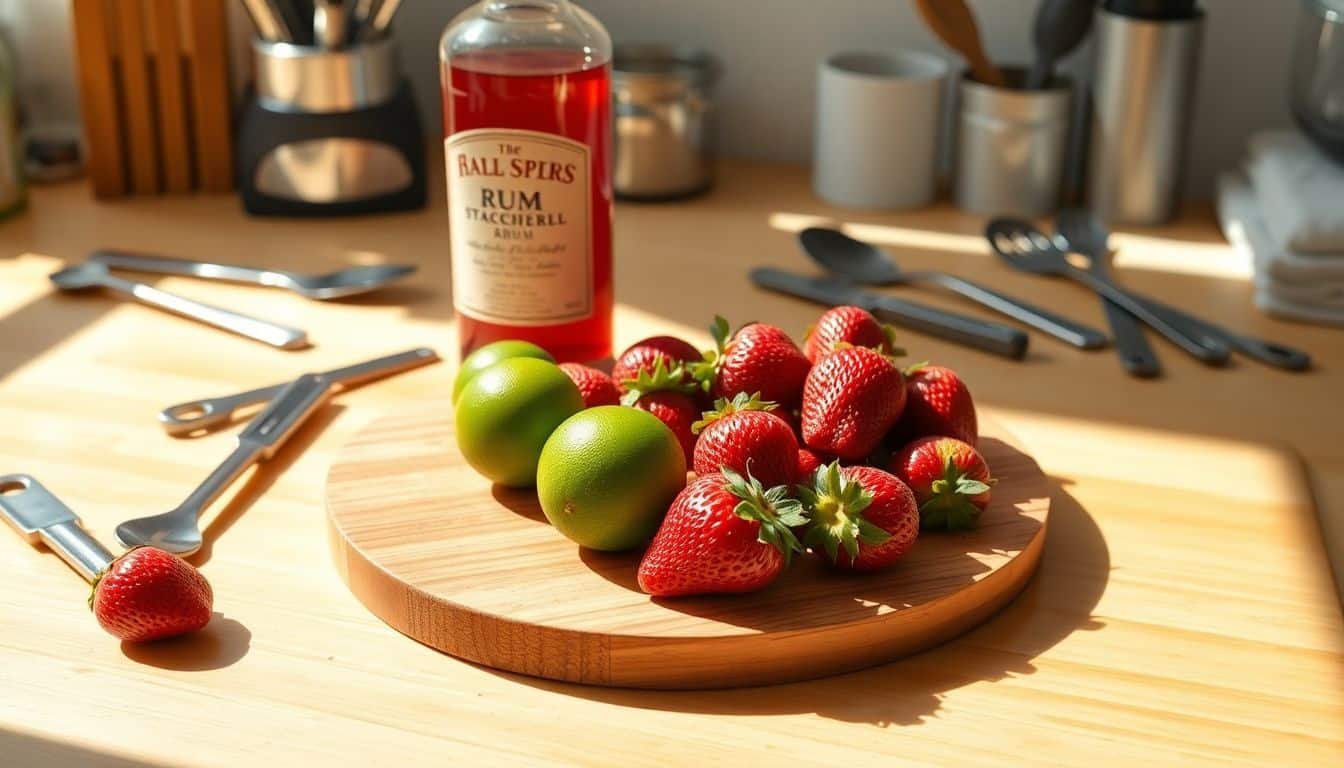 Een foto van alle ingrediënten voor een aardbeien daiquiri op een keukenblad.