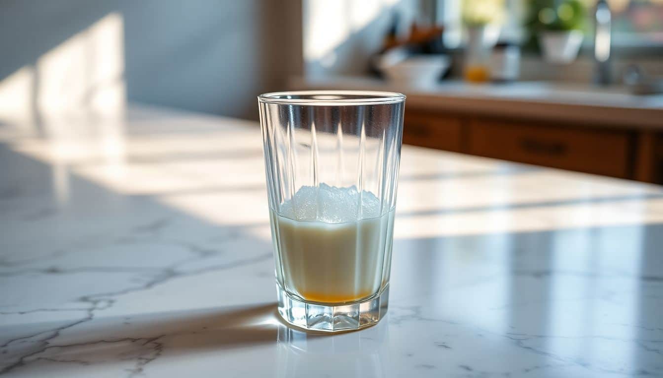 Een tumbler glas op een marmeren aanrecht met White Russian ingrediënten.