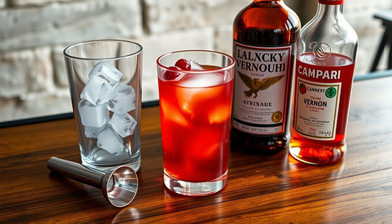 De voorbereiding van een Americano cocktail op een houten bar. De voorbereiding van een Americano cocktail op een houten bar.