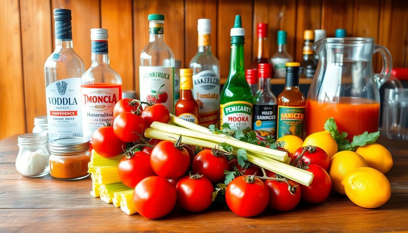 Een rustieke houten bar met verse ingrediënten en wodka.