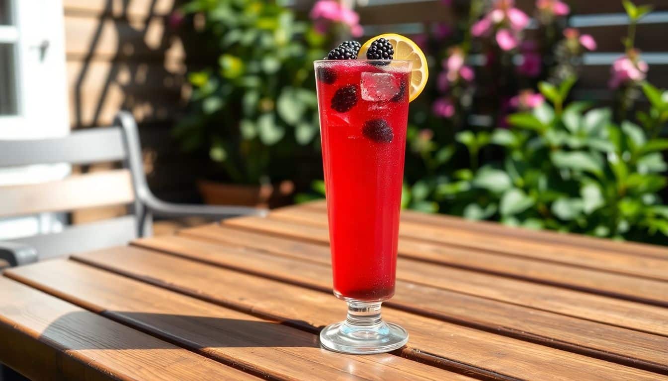 Een Bramble cocktail op een houten tafel omringd door planten.