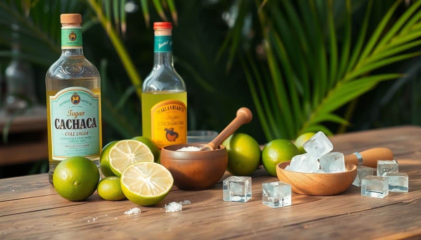 Een rustieke bar met caipirinha-ingrediënten en tropische sfeer.