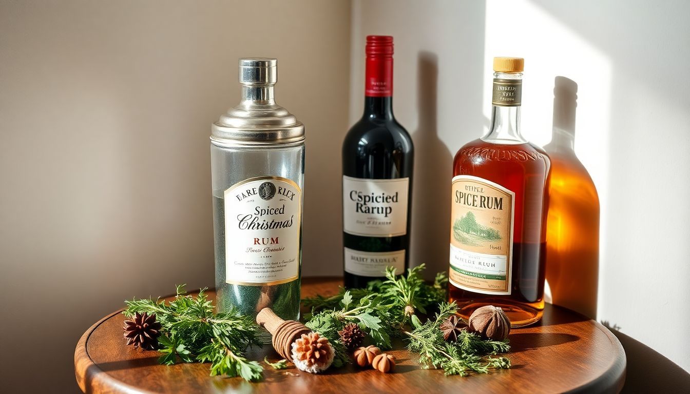 Een gezellige hoektafel met vintage cocktailshaker, rode wijn en kruiden.