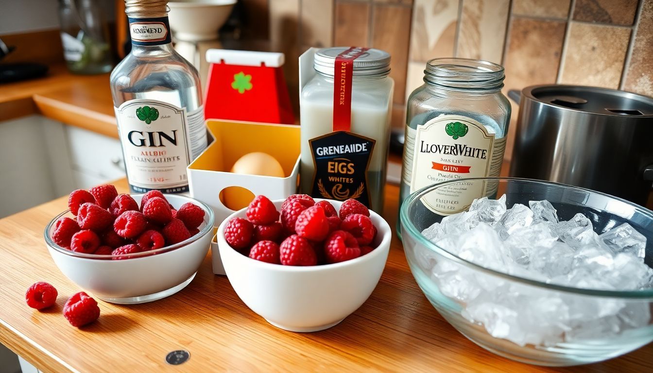 Een rommelig aanrecht met ingrediënten voor een Clover Club cocktail.