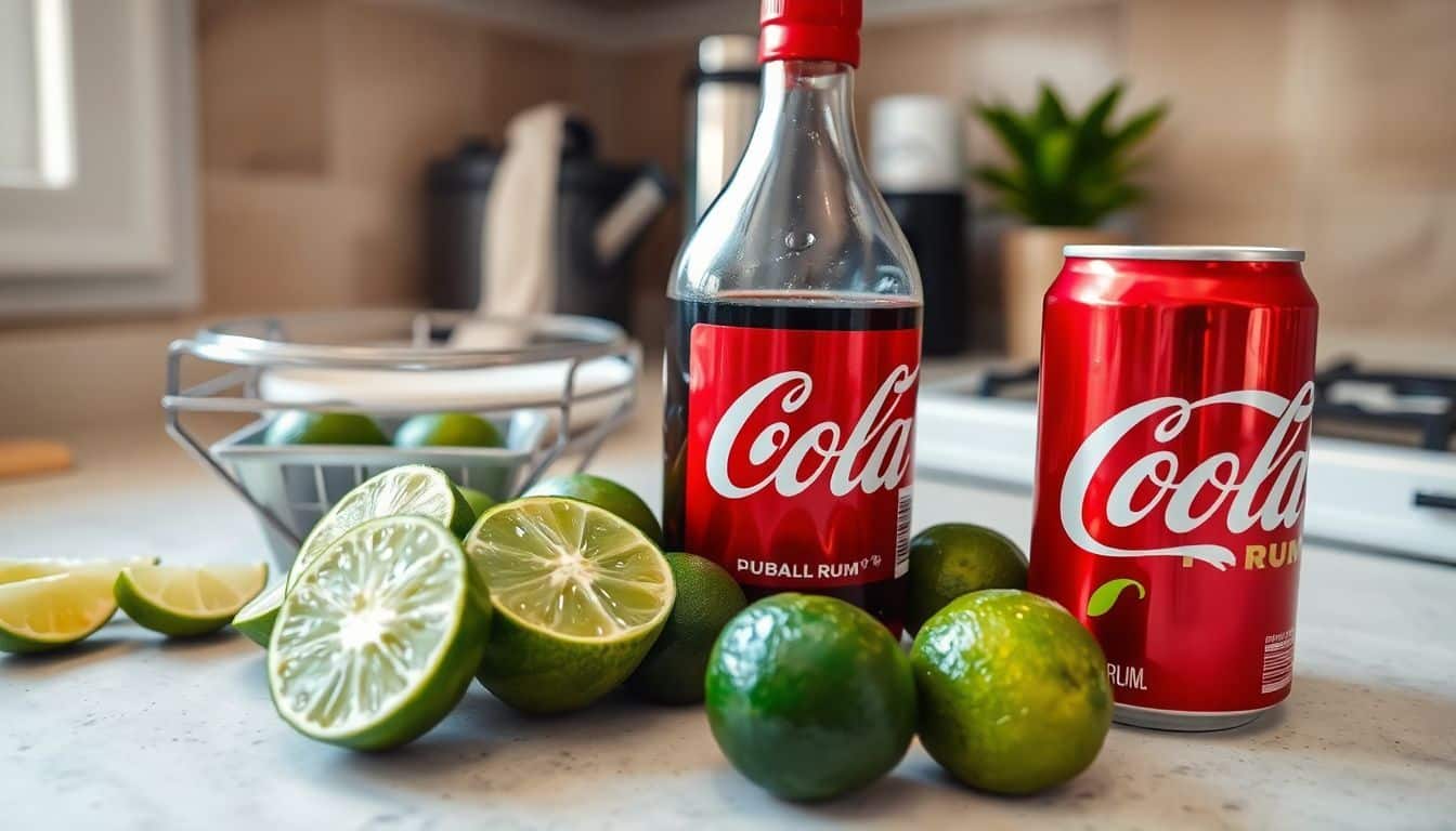 Een keukenaanrecht met ingrediënten voor een Cuba Libre cocktail.