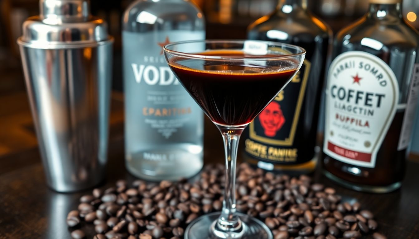 Een Espresso Martini cocktail, omringd door koffiebonen en ingrediënten.