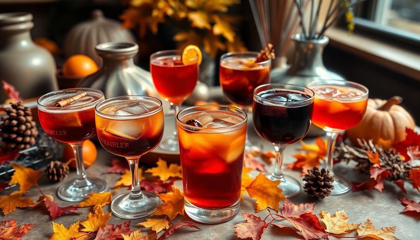Elegante herfst tafel met unieke cocktails en rustieke decoratie.